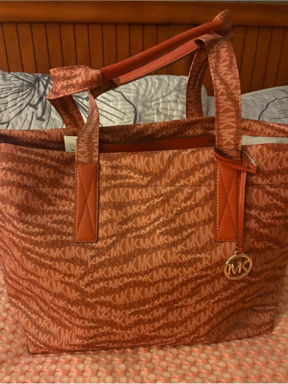 Michael Kors Coral-Orange MK Signature Tote with Gold Charm